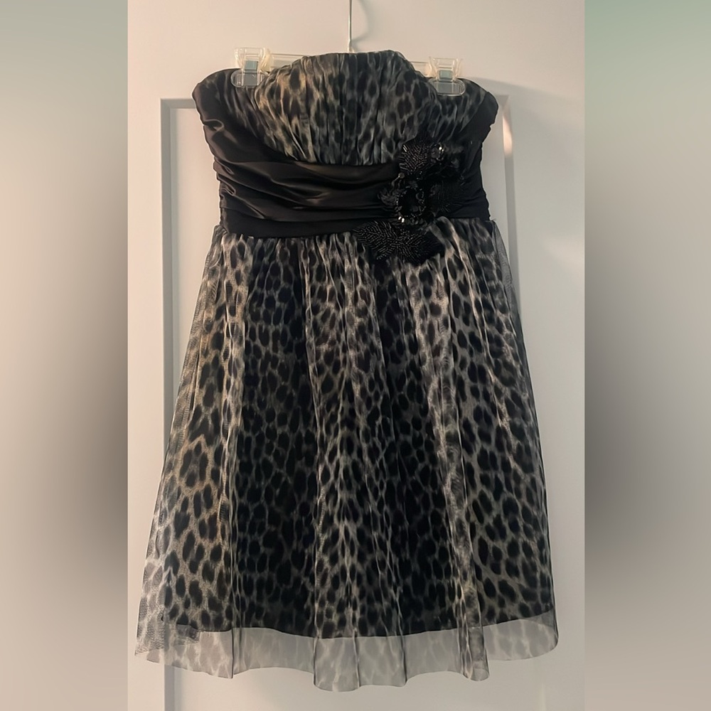 Strapless Black and Gray Leopard Dress